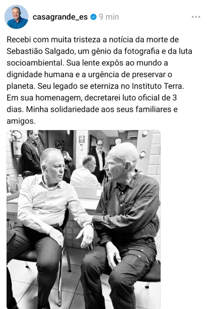 Casagrande-com-Sebastiao-Salgado-nota-Rodrigo-Zaca-Governo-ES-694x1024 Referência mundial na fotografia, Sebastião Salgado morre aos 81 anos