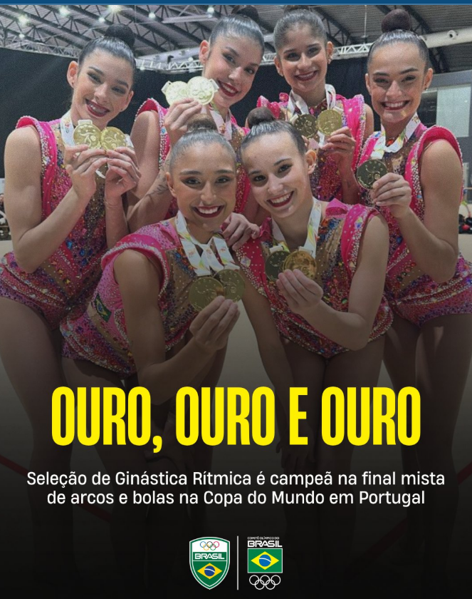 Ginastica-campea-CBG Brasil fatura três ouros na Copa do Mundo de Ginástica Rítmica