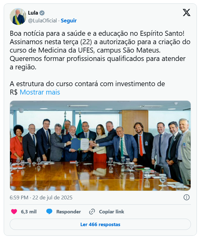 Lula-comunica-medicina Lula autoriza Curso de Medicina no Ceunes em São Mateus