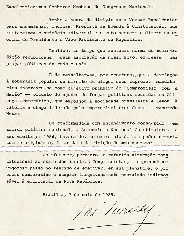 Sarney-pede-aprovacao-de-PEC-Arquivo-Senado Ditadura alegava que eleição direta em 1985 seria ‘golpe de Estado’
