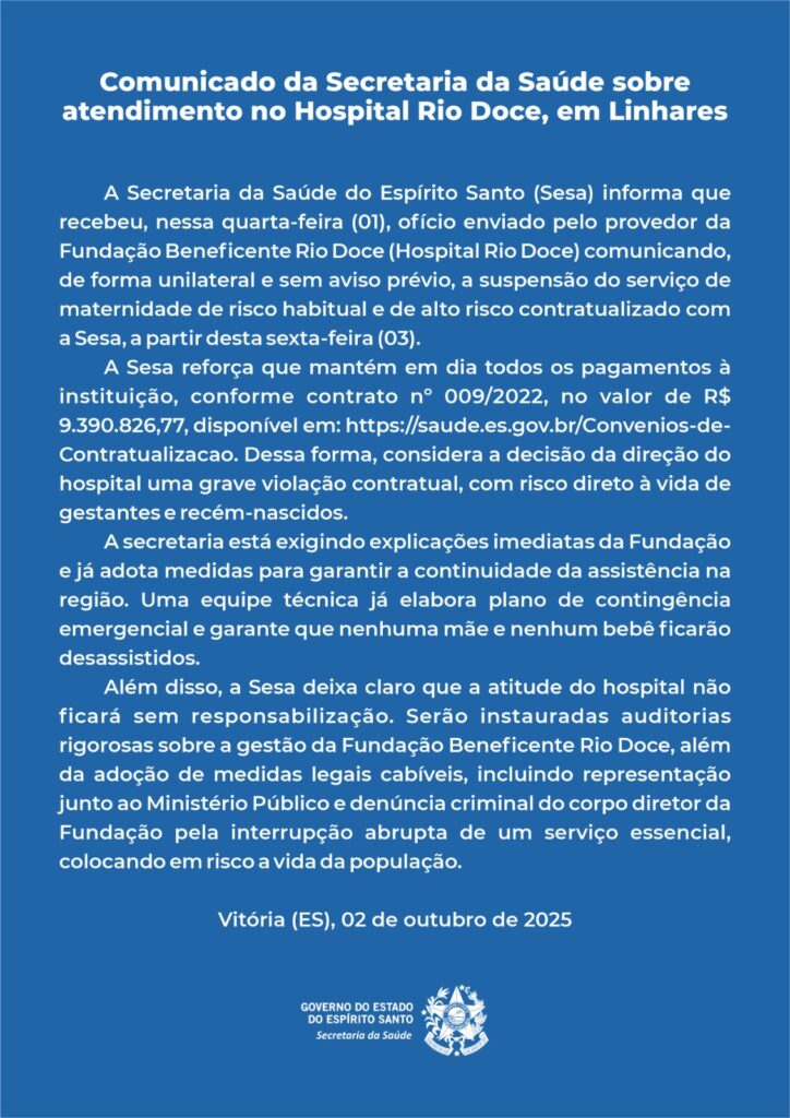Comunicado-da-SESA-724x1024 Estado reage a suspensão de atendimentos de hospital em Linhares