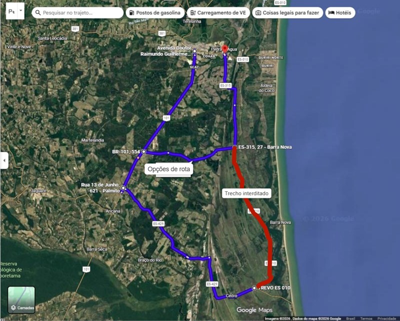 Nativo-de-Barra-Nova-Sao-Mateus-interditado.Maio2026-mapa DER interdita trecho da ES-010 para manutenção da ponte do Nativo